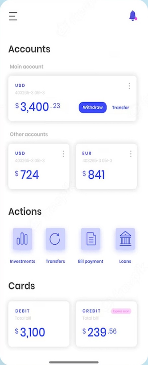 Qlikpay mobile app showing account balances, quick actions and cards